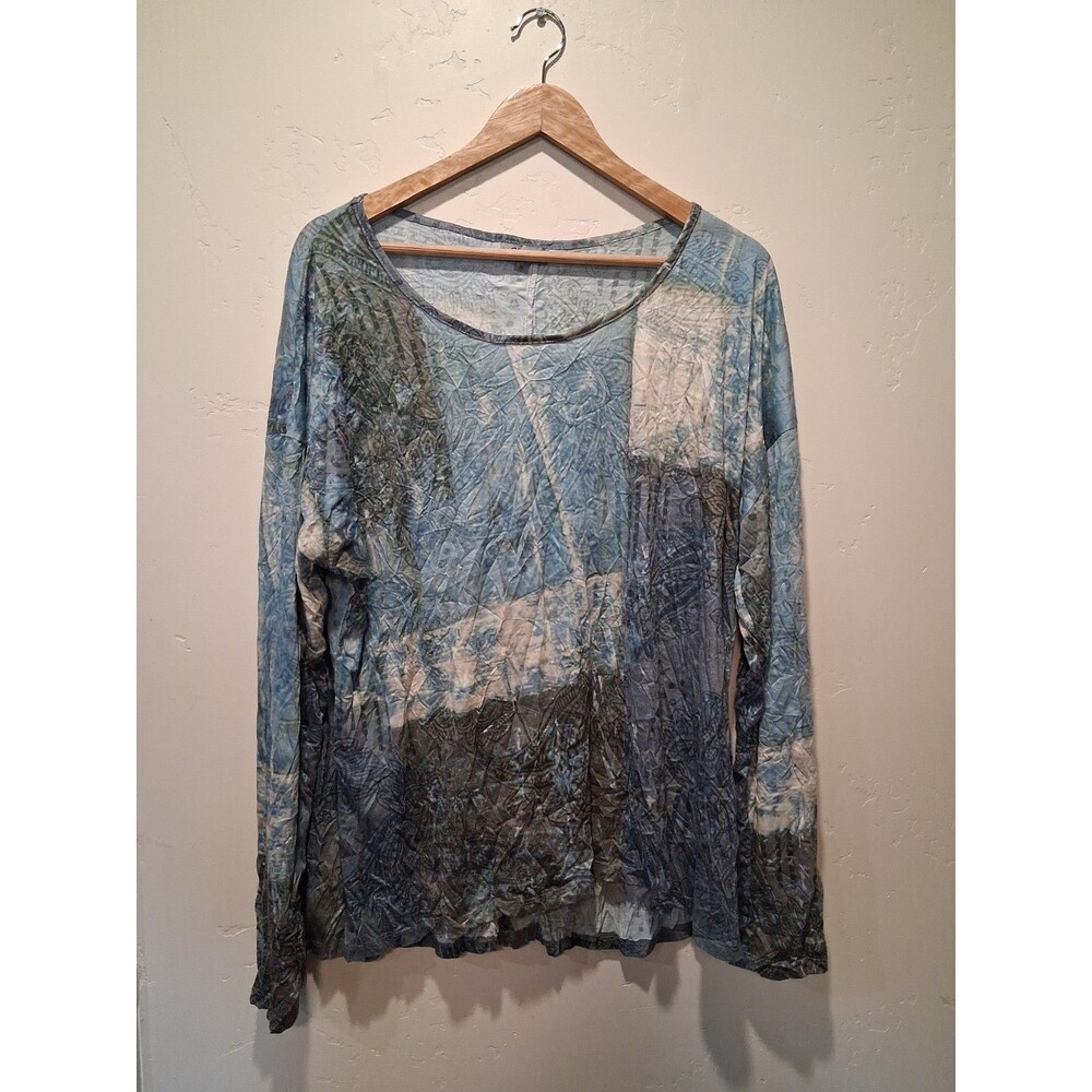 Shana Size XL Crinkle Knit Tunic Top Buttons Blue Gray Long Sleeve Art to Wear